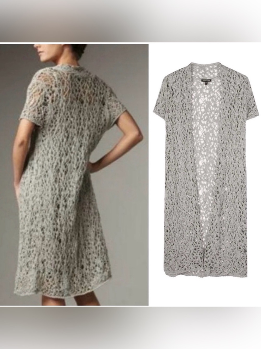 Eileen fisher linen blend open weave knit short sleeve midi length cardigan l